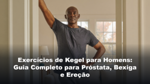 Exercícios de kegel para homens: homem maduro alongando em casa, capa do guia completo sobre próstata, bexiga e ereção
