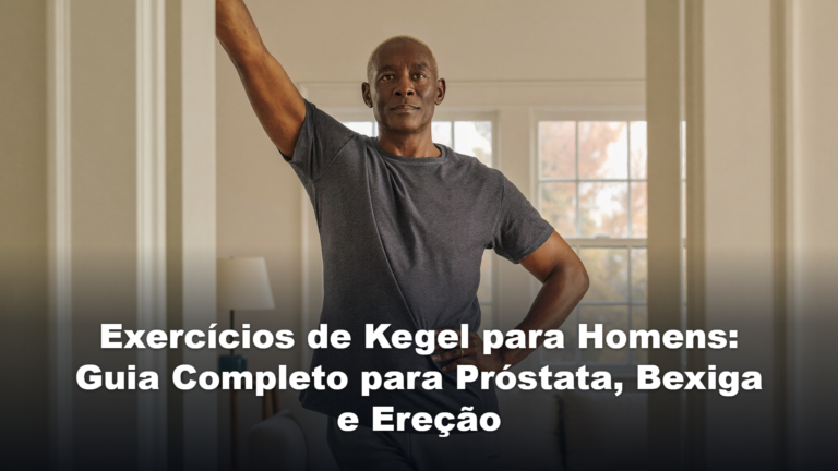 Exercícios de kegel para homens: homem maduro alongando em casa, capa do guia completo sobre próstata, bexiga e ereção