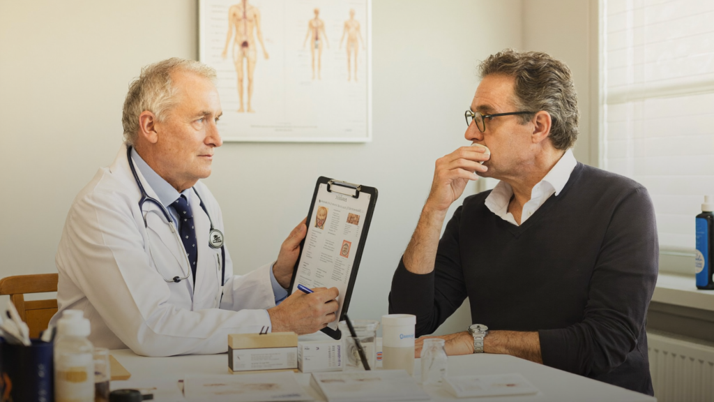 Homem em consulta com urologista — prostatite sintomas e tratamento